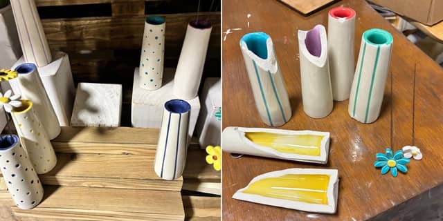 Before and after – ceramic flowers and pots created by Abby Faulkner were found smashed at Fifty Crates of Crafts when it opened recently, with the ‘porcelain poltergeist’ blamed. Credit: Andrew Cross