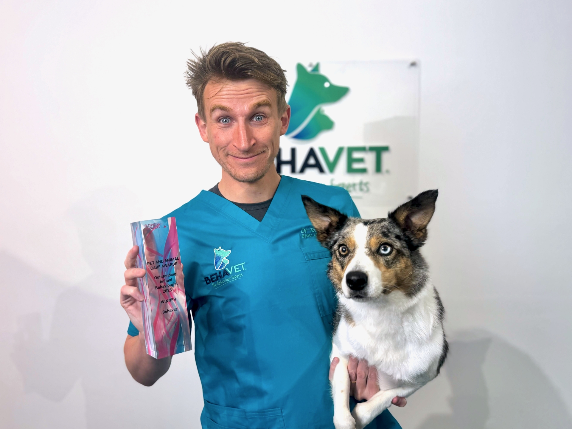 Dr Tom Mitchell, founder of Behavet, with his Outstanding Animal Behaviourist award. Photo courtesy of Behavet.