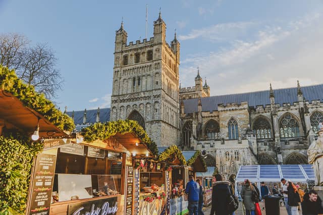 Exeter Cathedral Christmas Market surrounds the iconic 12th-century cathedral