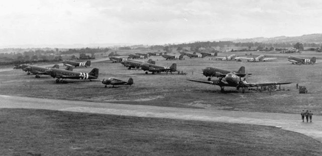 Image shows US C-47 aircraft parked at RAF Exeter on 5 June, 1944.