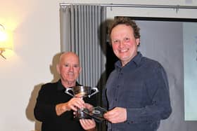 Simon Ashley receiving the Battery Maintenance Cup from Paul Morris (c)