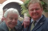 Columnist David FitzGerald shares a smile with legendary British comedian and writer Barry Cryer.