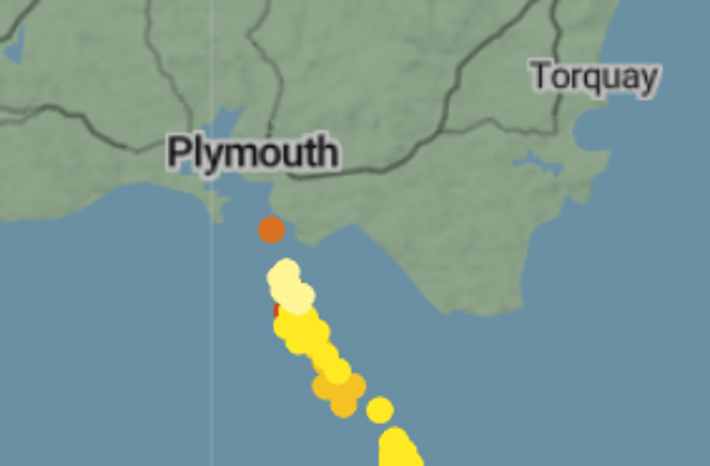 A weather map showing the lightning storm currently positioned off the south coast, tracking northward toward Plymouth.