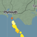 A weather map showing the lightning storm currently positioned off the south coast, tracking northward toward Plymouth. 