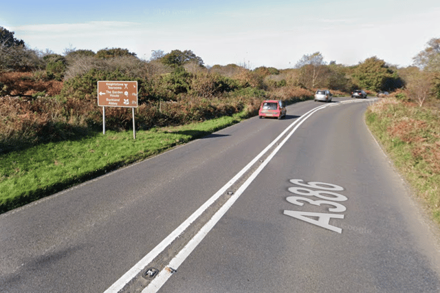 The busy route was closed after a collision near the Buckland Abbey turning