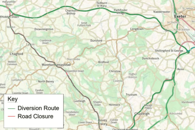 The extent of the closure and the diversion route on documents provided by Devon County Council