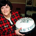 Then prisons minister, Ann Widdecombe celebrates her 129th and final prison visit in 1997 with a cake made by young offenders at Spring Hill open prison, Buckinghamshire