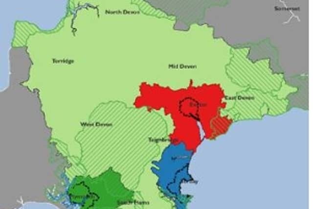 The proposed boundaries of Devon's four new unitary councils that are set to replace its existing 11 councils