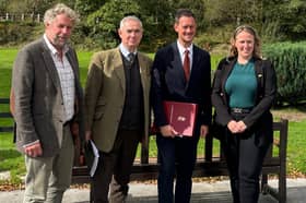 (L-R) Mat Cole, chair of the NFU South Uplands Group, Sir Geoffrey Cox KC MP, Stephen Morgan MP, Minister for Farming, Food and Rural Affairs, and Robyn Munt, NFU vice president