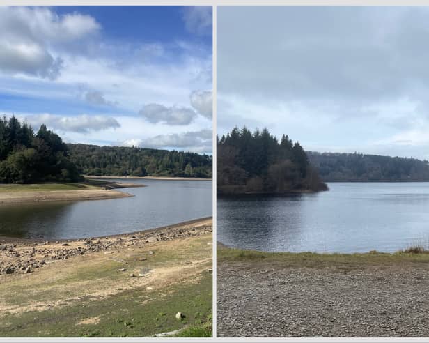 Two photographs from a similar spot at Burrator Reservoir. Left shows the water levels last weekend (October 4 2026) whilst the right shows levels in Febraury 2025.