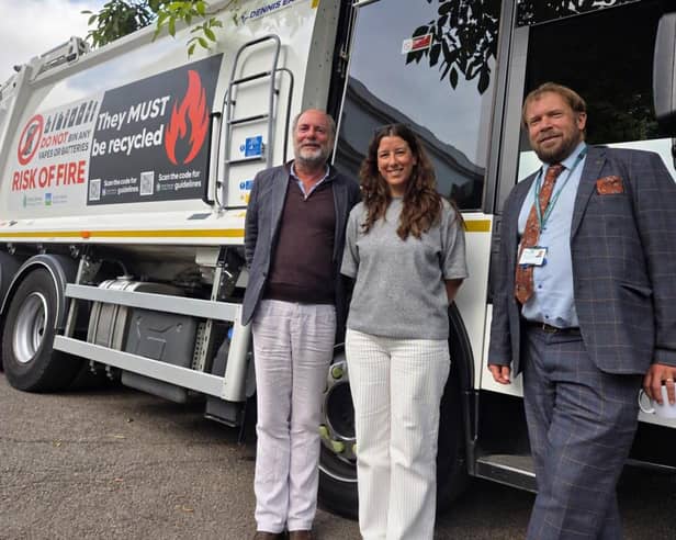 (L-R) Cllr Julian Brazil, Executive Lead Member for Waste, Cllr Nadine Dommett, Executive Lead for Decarbonisation of Council Operations, and Cllr Dan Thomas, Leader of South Hams District Council, with one of the new vehicles
