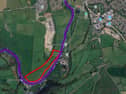 Image showing the boundary of the new woodland in red and the adjacent footpath in purple