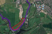 Image showing the boundary of the new woodland in red and the adjacent footpath in purple