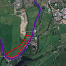Image showing the boundary of the new woodland in red and the adjacent footpath in purple