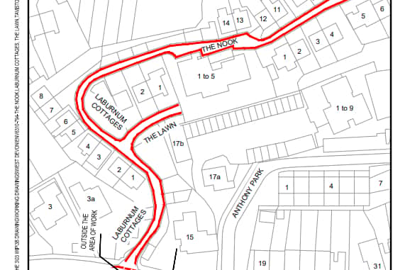 A map of the original plan for double yellow lines at The Nook and Laburnum Cottages.
A scaled down version for just The Nook area has since been proposed.