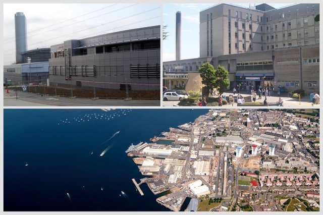 Devonport Dockyard (bottom), Langage Power Station (top left) and Derriford Hospital (top right) topped the list