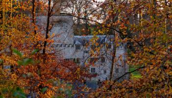 Abbey through Autumn trees at Buckland Abbey Devon © National Trust Images Mel Peters