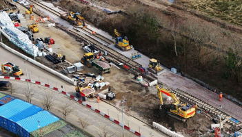 Drone shot of the site in Okehampton with plant equipment from H. E. Services Credit- Devon and Cornwall Rail Partnership