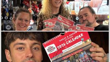 Pub Landlord Dawn and customers/models Louise and Paul (top) and Olympian Tom Daley with his calendar (bottom) Images- Dawn Michelin