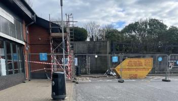 Scaffolding and safety fencing in place outside the Co-op, as repair work gets under way following the ram-raid (Image- Ella Sampson)