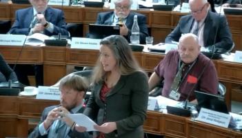 Councillor Cheryl Cottle-Hunkin outlines the additional funding for libraries at Devon County Council's full council budget meeting (Images courtesy- Devon County Council)