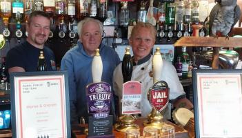 Photo: Landlord Olly, Plymouth CAMRA Bob, Landlady Dawn & Blaze