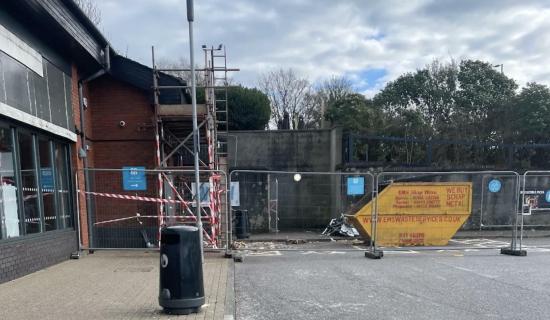 Scaffolding and safety fencing in place outside the Co-op, as repair work gets under way following the ram-raid (Image- Ella Sampson)