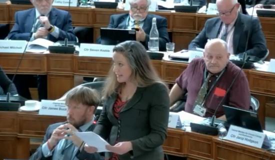 Councillor Cheryl Cottle-Hunkin outlines the additional funding for libraries at Devon County Council's full council budget meeting (Images courtesy- Devon County Council)
