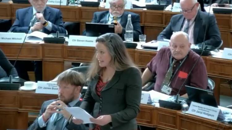 Councillor Cheryl Cottle-Hunkin outlines the additional funding for libraries at Devon County Council's full council budget meeting (Images courtesy- Devon County Council)