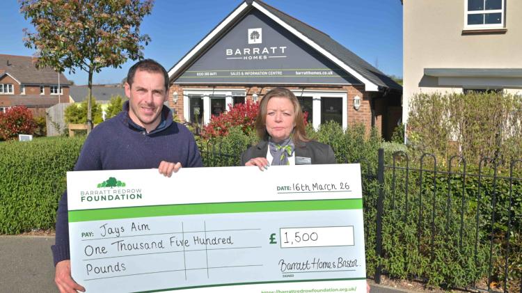 Devon charity Jay's Aim recieved the boost as new donation will support lifesaving work (Image- Barratt Homes)