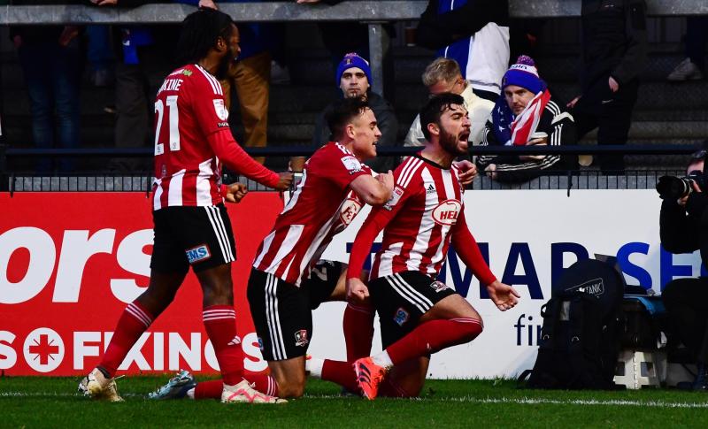 Goal celebrations for Reece Cole of Exeter City. Pic from PPAUK