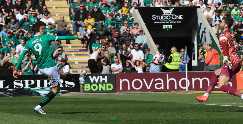 Ryan Hardie scores for Argyle. Pic from PPAUK