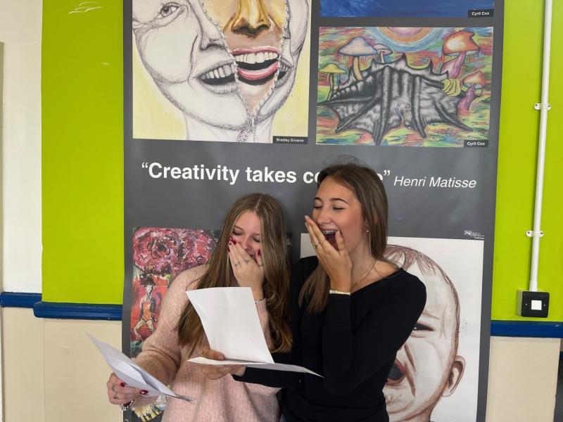 Holsworthy students Kaia and Alissa with their results [Credit: Holsworthy Community College]