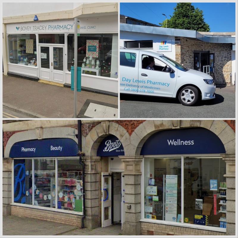 Bovey Tracey Pharmacy, Day Lewis Pharmacy Tavistock, Boots Okehampton (Google Maps)