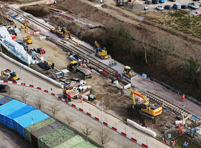 Drone shot of the site in Okehampton with plant equipment from H. E. Services Credit- Devon and Cornwall Rail Partnership