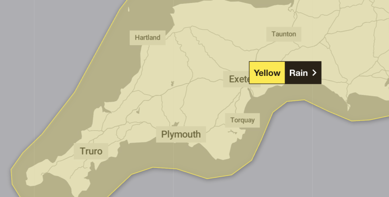 Rainfall totals of up to 70mm possible in isolated parts of the South West (Image- The Met Office)
