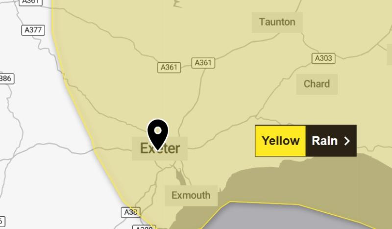 Yellow rain weather warning issued for Exeter as heavy downpours could cause flooding and travel disruption