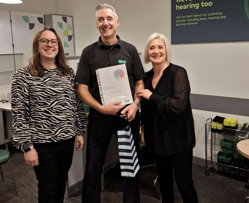 Kathryn (quoted), Mark (quoted) and Claire Richardson (joint Specsavers Okehampton store director) Image- Tigerbond/Specsavers