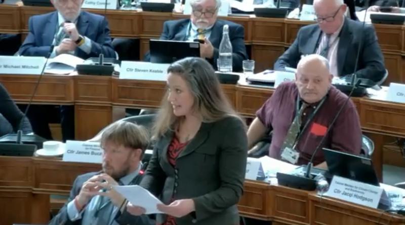 Councillor Cheryl Cottle-Hunkin outlines the additional funding for libraries at Devon County Council's full council budget meeting (Images courtesy- Devon County Council)